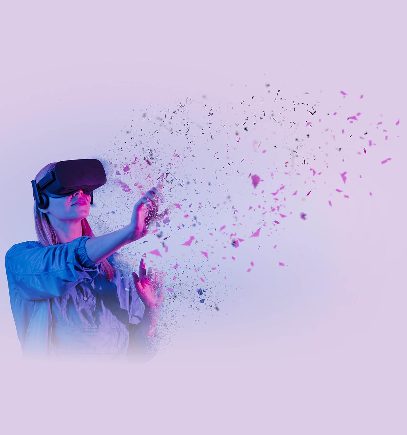 Personne avec un casque de réalité virtuelle et un effet de dispersion violet