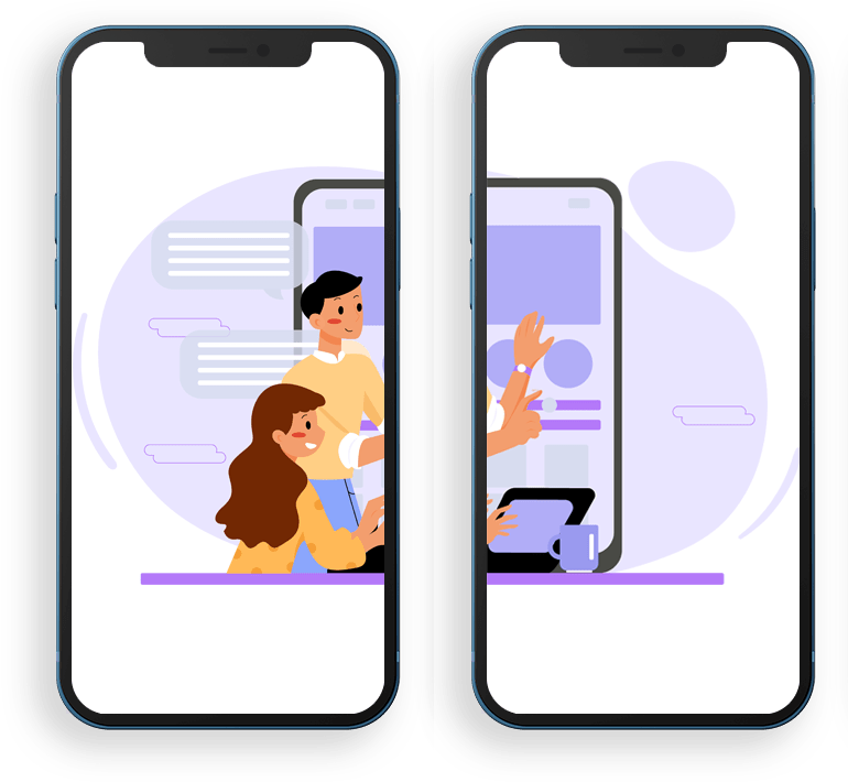 Deux écrans montrant deux personnes travaillant sur un téléphone, engagées dans le développement des applications métier
