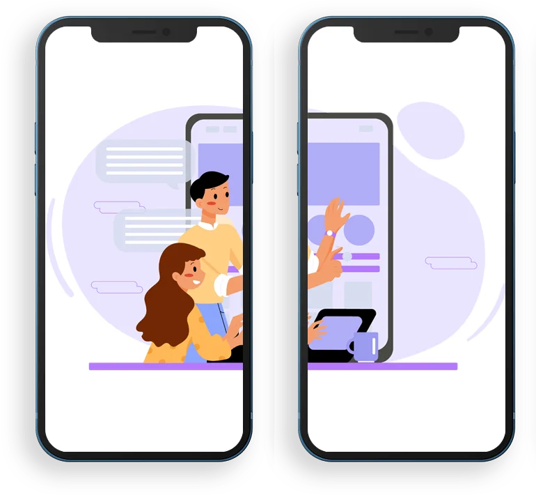 Deux écrans montrant deux personnes travaillant sur un téléphone, engagées dans le développement des applications métier